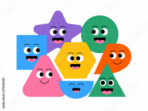 A lively illustration of various geometric shapes featuring smiling faces, designed to engage and educate young children about basic shapes in a fun and playful way.
