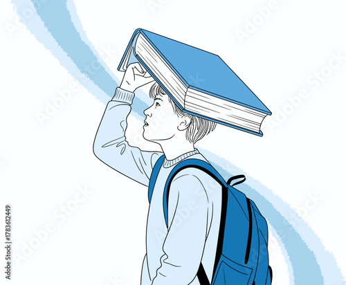 A thoughtful illustration of a young student balancing books on his head, representing the pursuit of knowledge, education, and the joy of learning in a fun way.