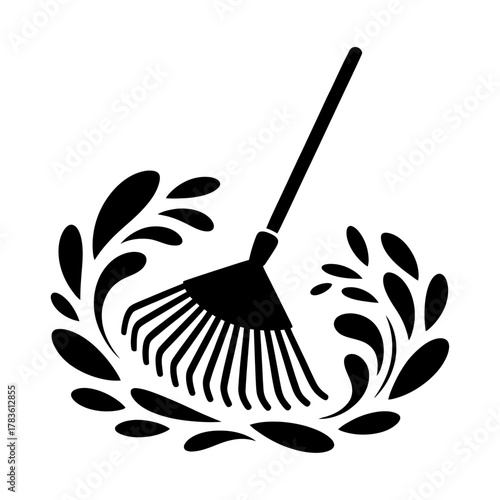 garden rake silhouette with swirling leaf shapes for seasonal yard work and outdoor landscaping themes