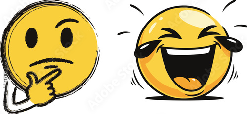 Yellow Emoticons Depicting Contemplation and Overflowing Laughter on White