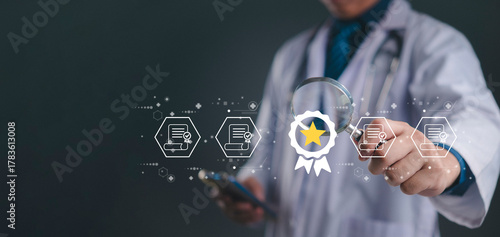 Doctor holding magnifying glass showing certification badge medical certificate healthcare compliance digital award qualification hospital standard assurance concept innovation.