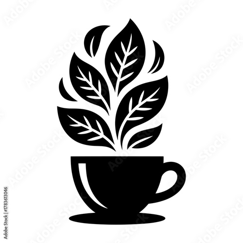 silhouette of teapot with steam forming tea leaves black and white vector illustration for organic drink