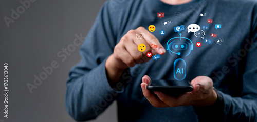 AI chatbot technology social media marketing. Hand holding smartphone, customer service automation. Digital engagement, notification, comment, like. Communication, CRM concept.