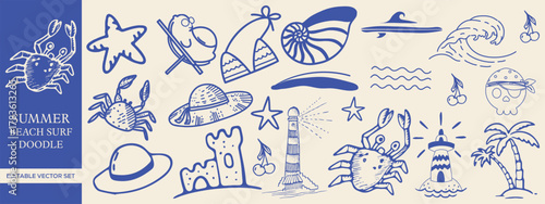 Summer Beach Surf Doodle Vector Set - Hand-drawn Tropical and Oceanic Elements for T-shirts, Posters & Prints