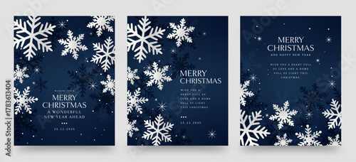 Elegant Blue and White Christmas Poster — Winter Snowflake Holiday Vector Greeting Card Template