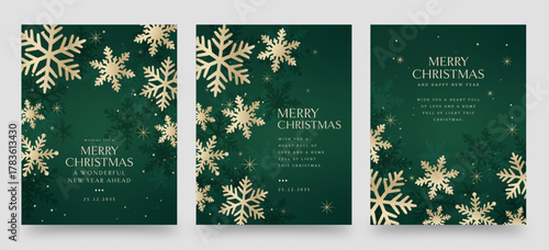 Luxury Green and Gold Christmas Greeting Poster — Elegant Snowflake Winter Holiday Vector Template