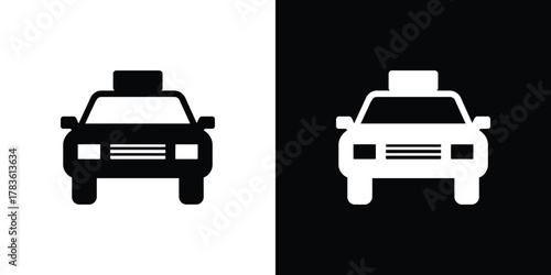 Two monochrome taxi cab icons with top light in black and white isolated design