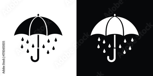 Weather Icon Umbrella Under Rain, Rainy Symbol, Protection, Isolated on Background