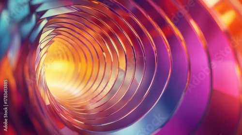 Abstract Spiral Tunnel Design with Colorful Reflections and Gradients Illuminating a Glowing Center in Vivid Hues