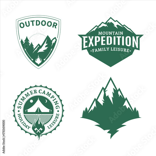 Green Outdoor Adventure Mountain Camping Badge Logo Set Collection Design