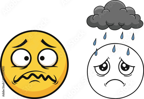 Yellow Anxious Face and Sad Rainy Cloud Cartoon Vector Art