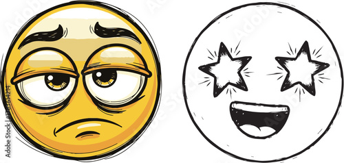 Sketchy Cartoon Emoticons with Tired Yellow Face and Happy Star Eyes