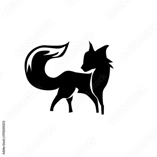 A striking, elegant silhouette of a black fox or wolf standing with a large, bushy, curled tail. A clever, majestic, and modern animal icon for branding.
