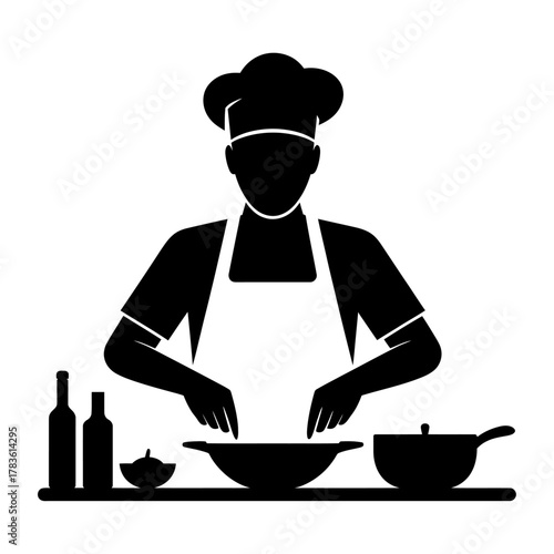silhouette of chef cooking with utensils and ingredients black and white vector illustration of culinary art