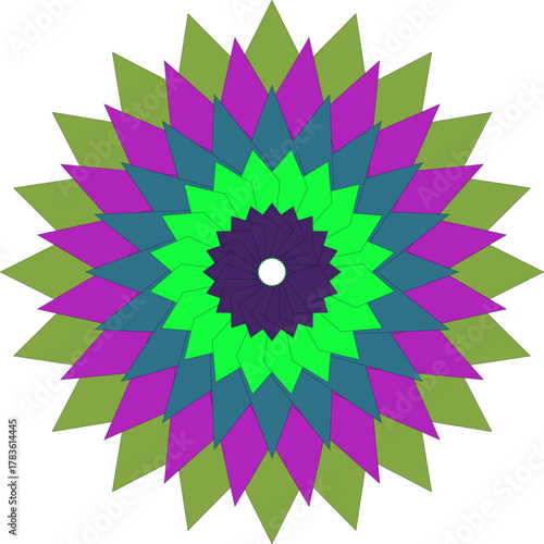 Geometric floral pattern with green violet teal and indigo colors