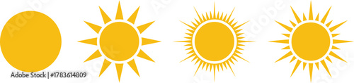 Progressive stages of a sun illustrated with increasing ray detail silhouette