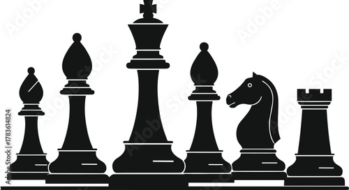 Chess piece silhouettes vector illustration, king bishop knight rook design, strategic board game artwork, elegant black chess outline for catalog piece t 