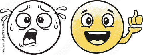 Hand-Drawn Cartoon Emojis Showing Emotional Contrast with Fear and Joy