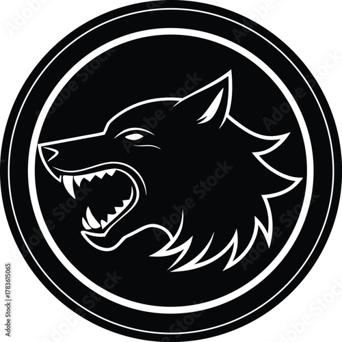 Circular badge logo design featuring a roaring wolf illustration