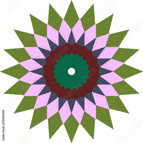Geometric flower design with pastel colors and a central green core