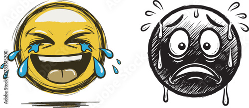 Vector Sketch Emoticons: Happy Crying Yellow and Worried Black Faces