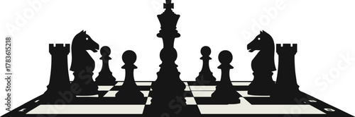 Chessboard silhouette with king pawns rooks knights bishops, strategic board game vector illustration, elegant black chess pieces design for catalog, branding