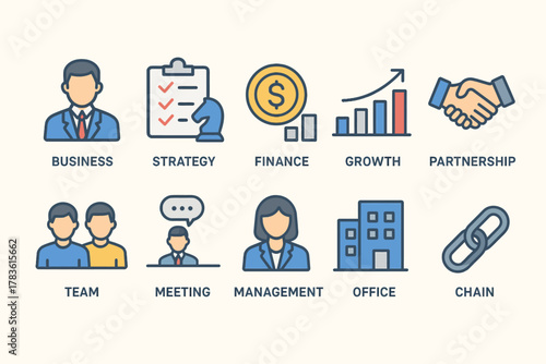 Business Strategy Set of Vector Icons Illustrating Key Financial Concepts