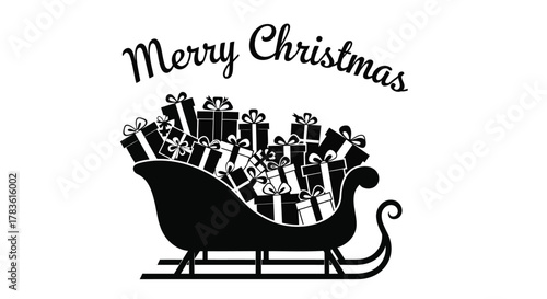 Black silhouette of a sleigh overflowing with christmas presents with merry christmas text above on a white background