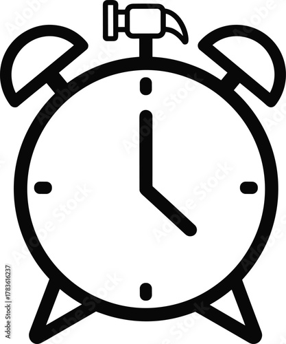 Classic analog alarm clock illustration, black and white retro design, punctuality concept, vintage mechanical timepiece, ringing bells, morning wake up symbol