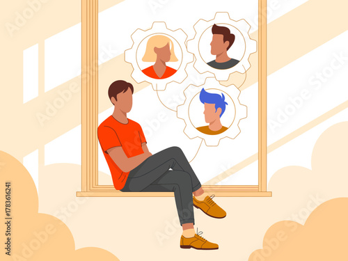 A young man sits by a window, lost in thought, connecting with imagined figures, symbolizing introspection, social interactions, ideas, and the complexity of human relationships.