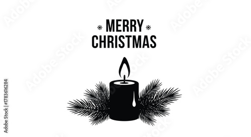 Simple black silhouette of a lit christmas candle surrounded by pine branches with merry christmas text above