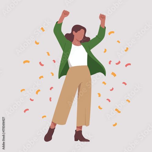A joyful woman raising her arms in celebration surrounded by colorful confetti, symbolizing happiness, success, and the thrill of achievement in life and personal milestones.