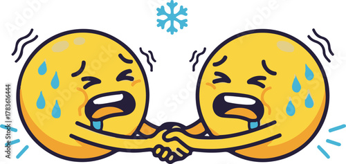 Cartoon Yellow Emojis Shivering and Sweating, Holding Hands Together