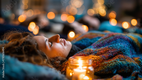 Candlelit restorative yoga savasana group, blankets and bolsters, self care, deep rest, restoration, nervous system, community calm, with copy space