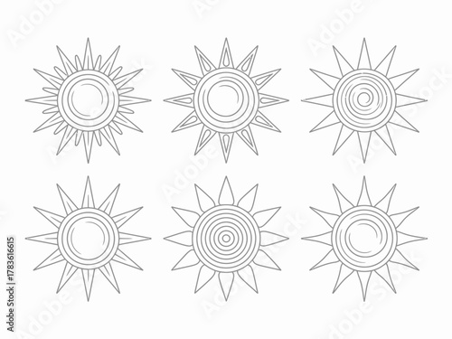 This collection features six unique sun designs, showcasing various artistic styles from minimalist to intricate, representing warmth, positivity, and energy in a captivating way.