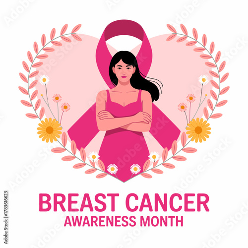 This illustration represents a strong woman with arms crossed, surrounded by pink flowers and a heart, symbolizing solidarity in Breast Cancer Awareness Month.