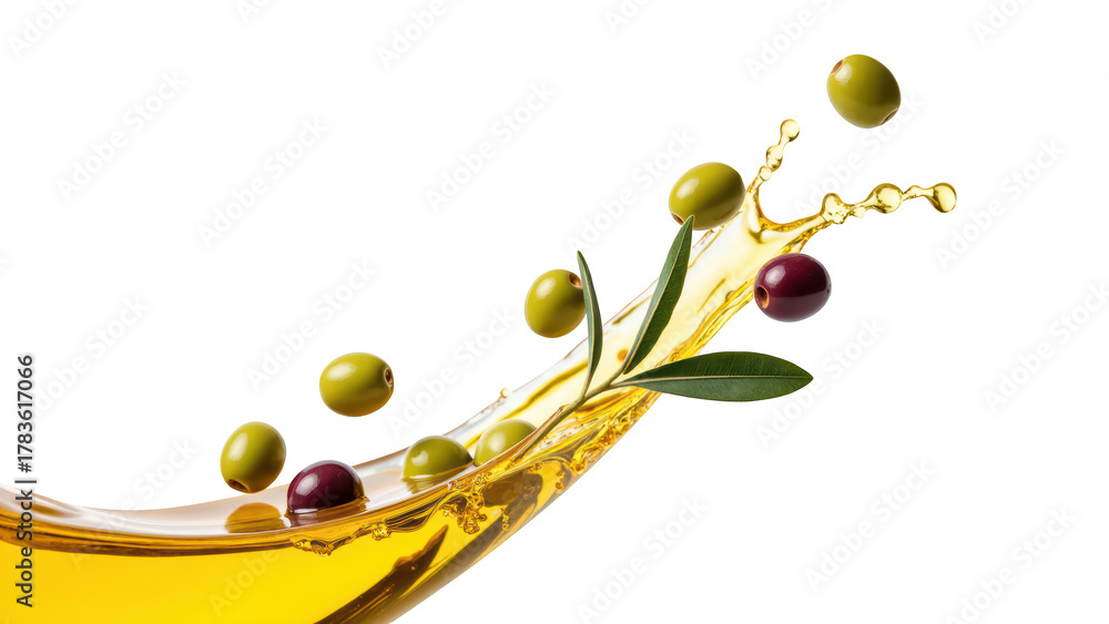 Fototapeta premium Fresh olive oil splash with green and black olives, showcasing vibrant colors and natural ingredients