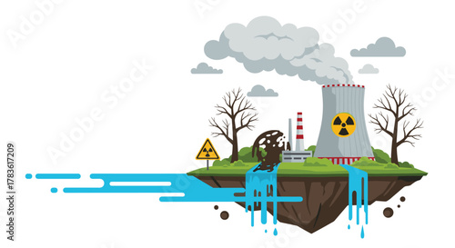 Industrial pollution from a nuclear power plant and factory on a floating island, featuring smoke, contaminated water, and dying trees.