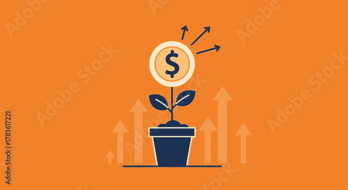Conceptual image of money growing, showing a plant with a dollar coin flower and upward arrows indicating increasing profits or savings.
