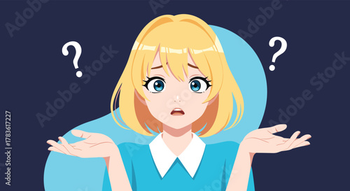 A confused anime girl with blonde hair and blue eyes shrugging her shoulders with a bewildered expression and floating question marks.