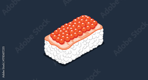 Isometric illustration of ikura nigiri sushi, showcasing white rice, a delicate piece, and abundant bright orange salmon roe on a dark background.
