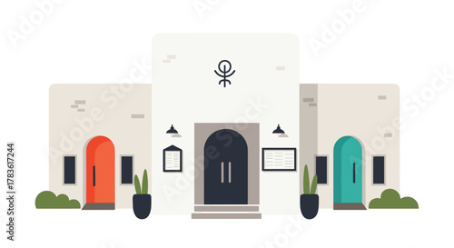 Modern minimalist illustration of a Mediterranean-style building with multiple colorful doors, suitable for hospitality or retail.