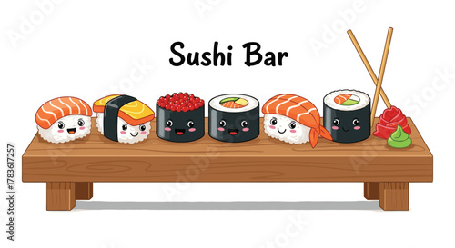 A cute sushi bar illustration featuring various smiling sushi and maki rolls on a wooden board, with chopsticks, ginger, and wasabi.
