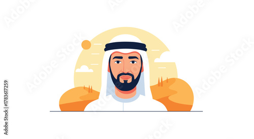 Vector illustration of a modern Arab man in traditional attire, featuring a beard against a warm desert landscape with sun and clouds.