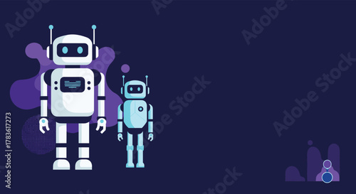 Illustration of two stylized robots, a large white and small blue, on a dark purple background with abstract shapes, representing AI and technology.