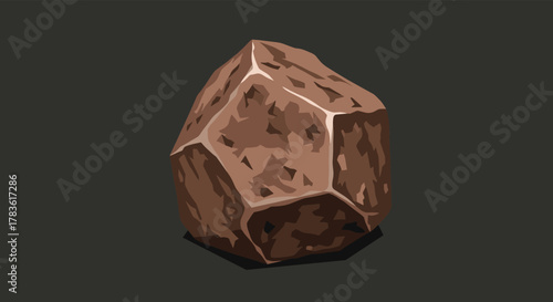 Stylized illustration of a brown multifaceted rock with rough textures and white highlights, presented on a dark background.