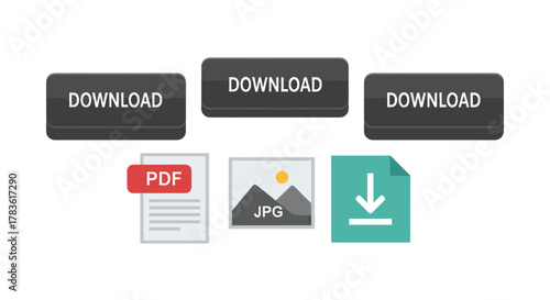 Three black download buttons are displayed above icons representing PDF, JPG, and general file downloads on a clean white background.
