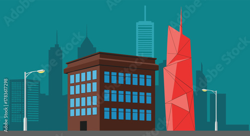 An illustrative cityscape at dusk featuring a modern brown building, a striking red polygonal skyscraper, and glowing streetlights against a deep blue sky.