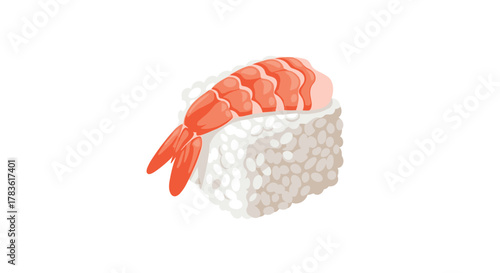 A single, appetizing piece of ebi nigiri sushi, showcasing a vibrant cooked shrimp elegantly placed atop a compact block of white rice.