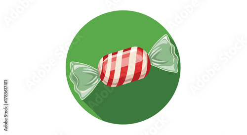 A festive red and white striped candy in clear wrapper, presented on a vibrant green circular background with a flat design shadow.